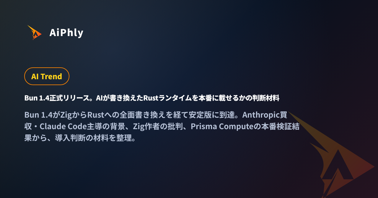 Bun 1.4正式リリース。AIが書き換えたRustランタイムを本番に載せるかの判断材料の記事カバー