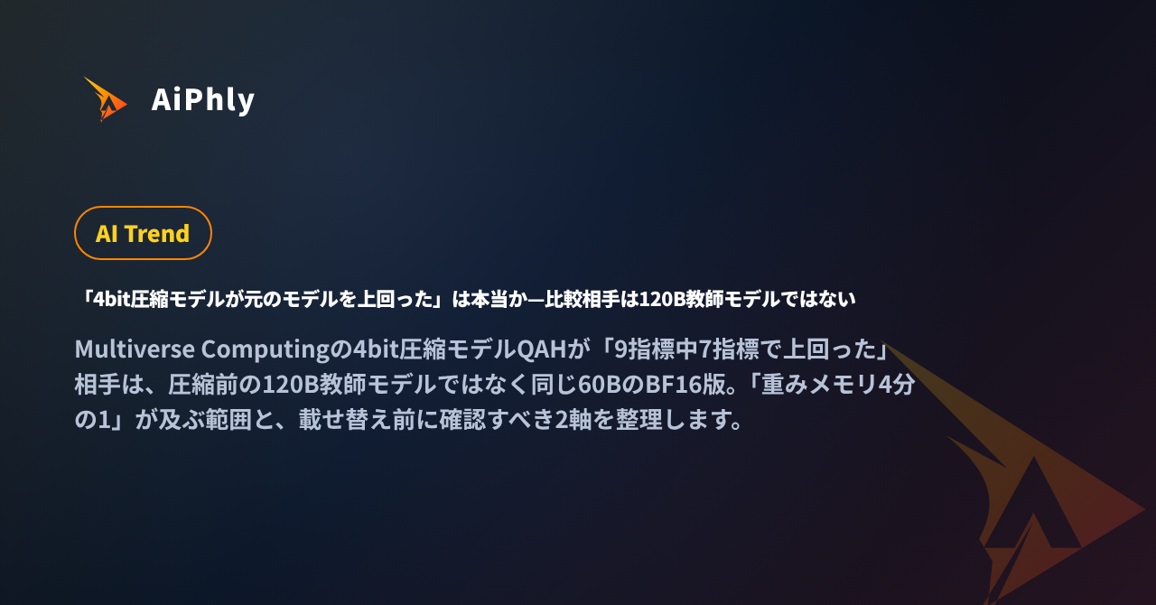 「4bit圧縮モデルが元のモデルを上回った」は本当か—比較相手は120B教師モデルではないの記事カバー
