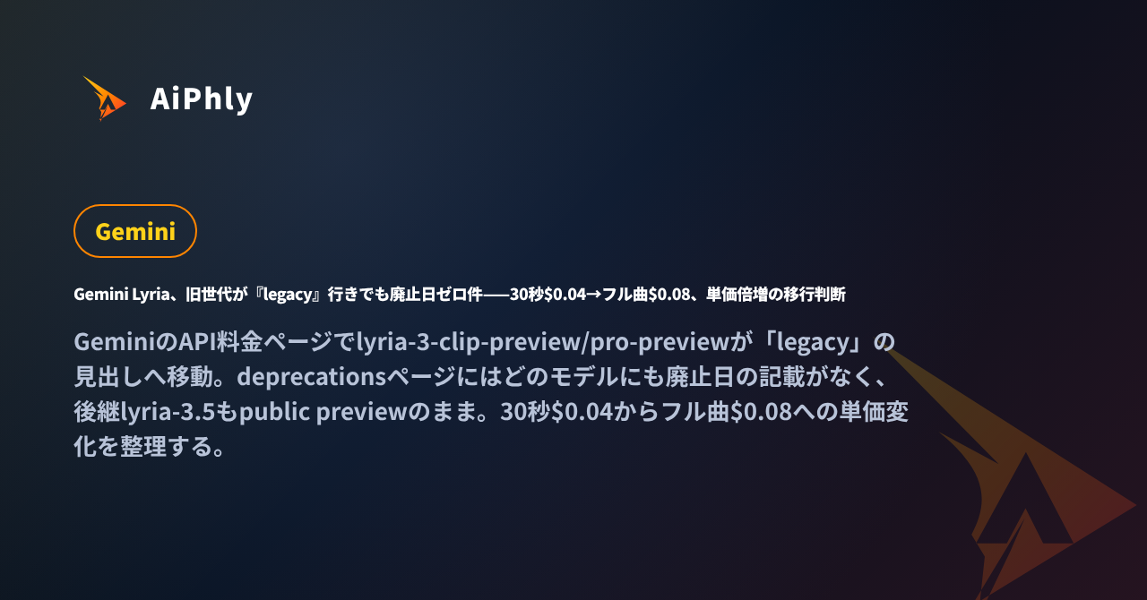 Gemini Lyria、旧世代が『legacy』行きでも廃止日ゼロ件——30秒$0.04→フル曲$0.08、単価倍増の移行判断の記事カバー