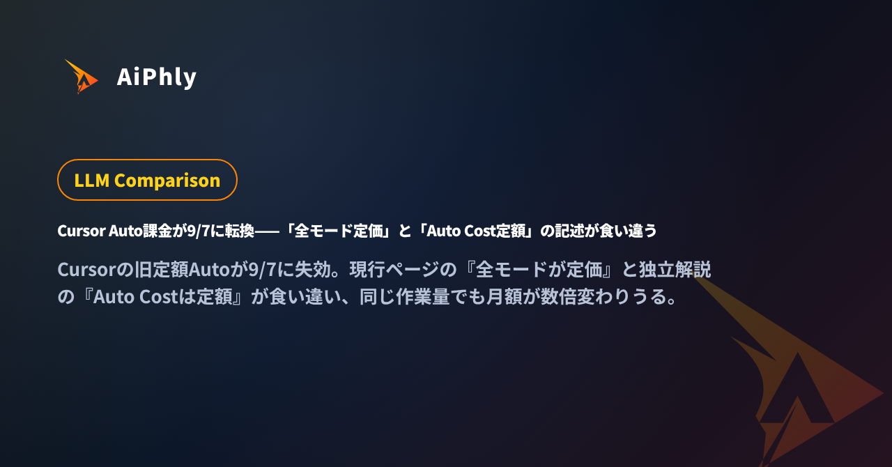 Cursor Auto課金が9/7に転換——「全モード定価」と「Auto Cost定額」の記述が食い違うの記事カバー