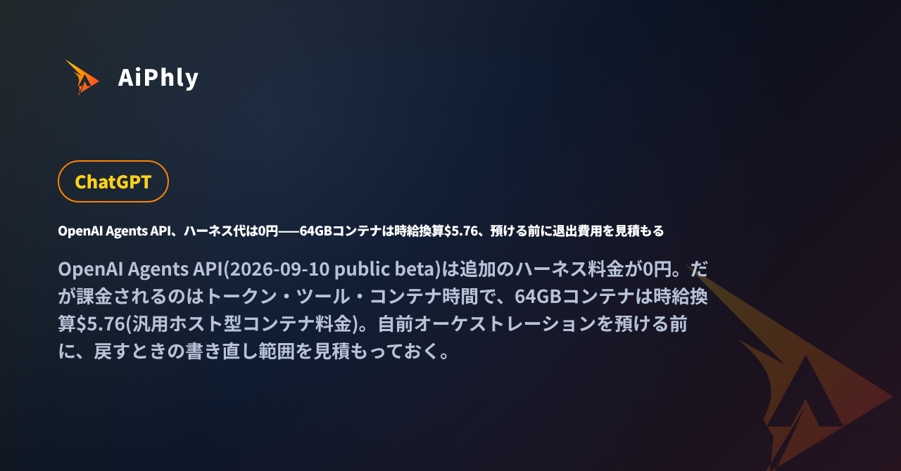 OpenAI Agents API、ハーネス代は0円——64GBコンテナは時給換算$5.76、預ける前に退出費用を見積もるの記事カバー