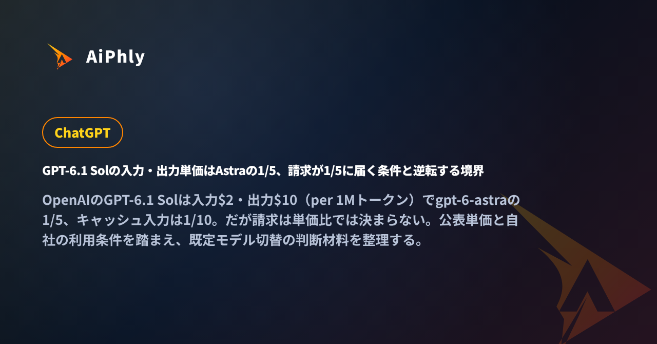 GPT-6.1 Solの入力・出力単価はAstraの1/5、請求が1/5に届く条件と逆転する境界の記事カバー